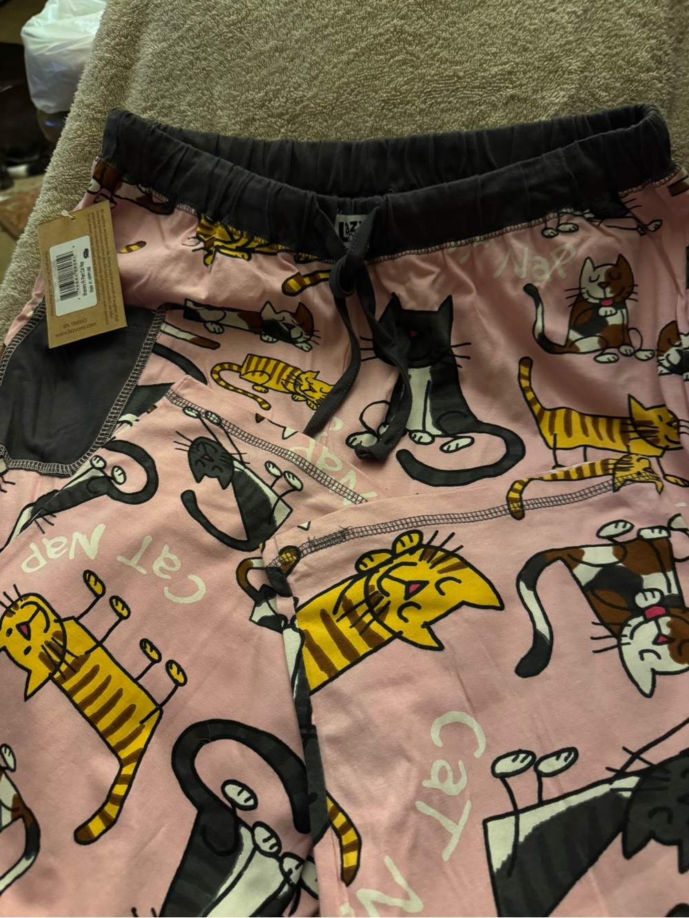 Lazy One Pink Cat Print Pajama Pants with Charcoal Waistband